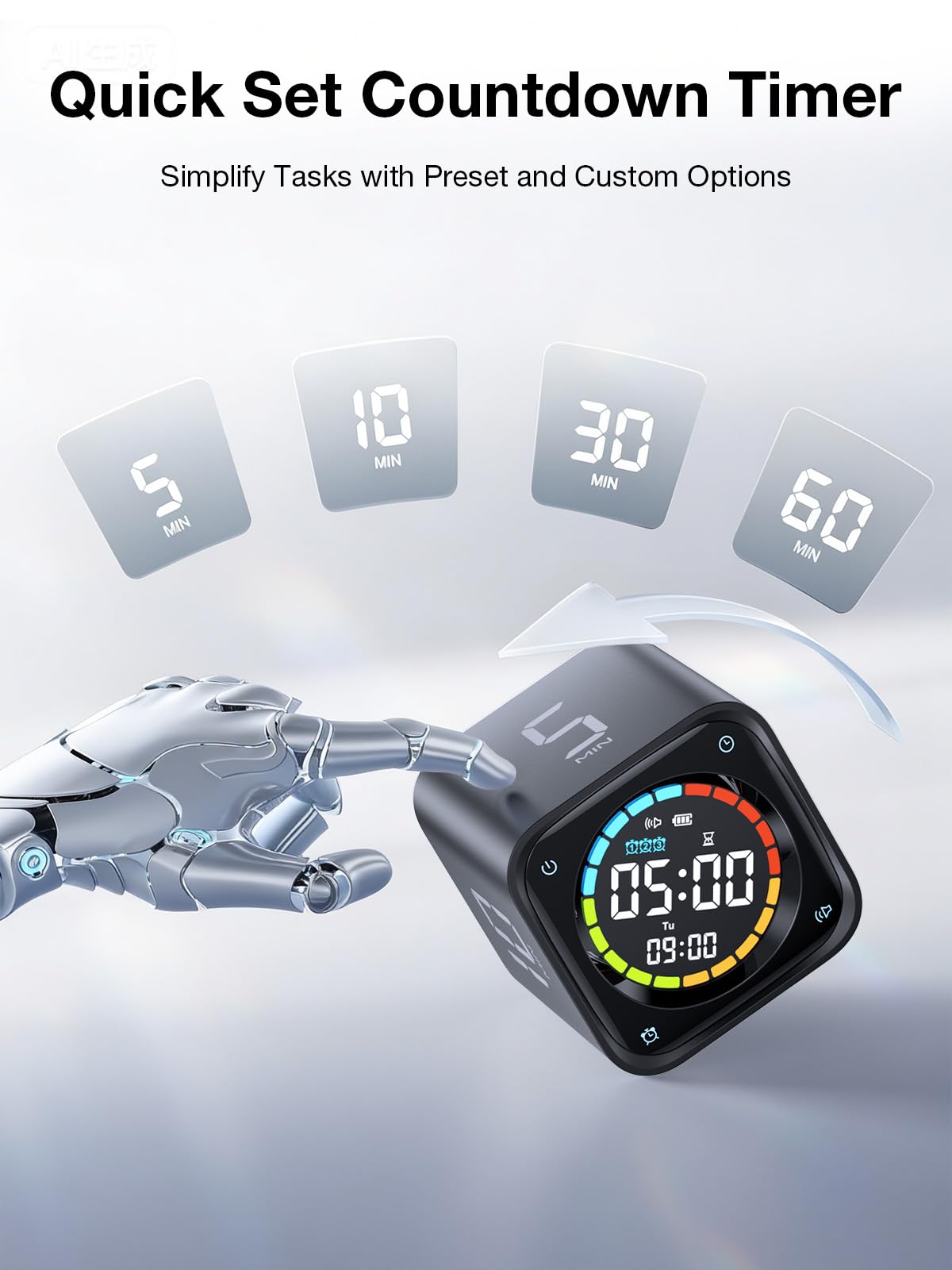 Ticktime TK3 Pomodoro Timer Cube | 25/5 Presets, Custom Countdown, 3 Alarms, Silent/Vibrate Alerts