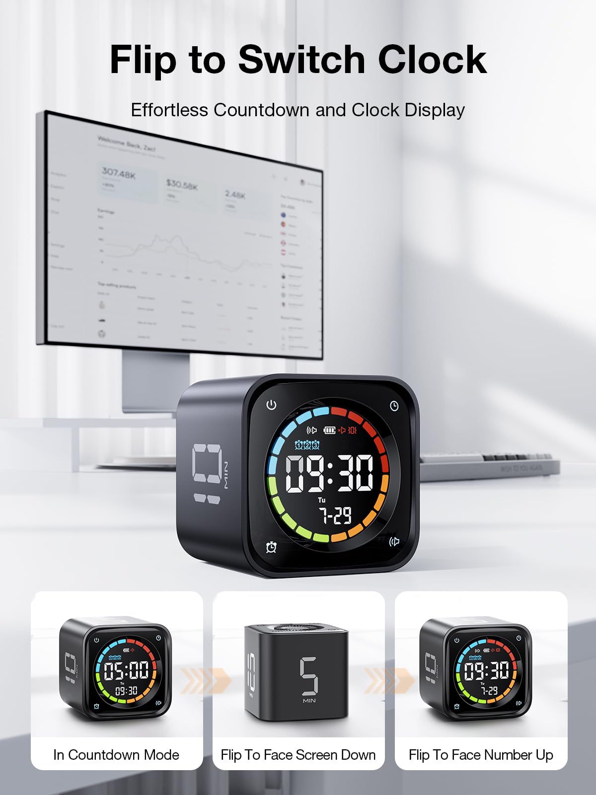 Ticktime TK3 Pomodoro Timer Cube | 25/5 Presets, Custom Countdown, 3 Alarms, Silent/Vibrate Alerts