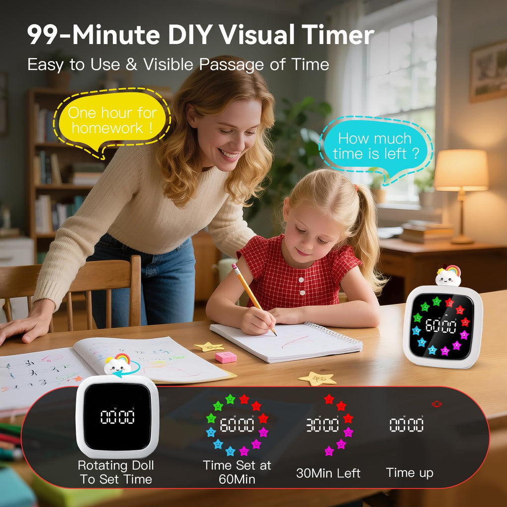 Yunbaoit Digital Visual Timer for Kids — 99-Minute Silent Countdown, 19 Ringtones, Rechargeable